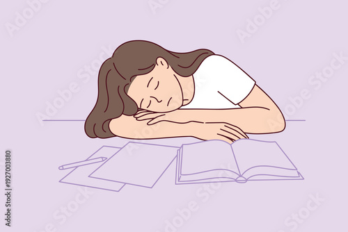 Young student falls asleep during intense exam preparation after long hours of study and reading. Concept of academic pressure, lack of sleep, and the exhaustion of the learning process.