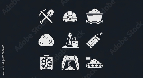 Collection of mining and industrial icons representing various tools and equipment used.
