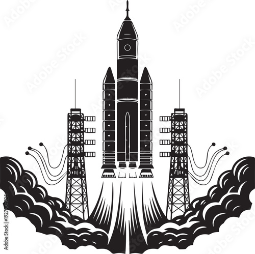 Rocket launch from launchpad with smoke and towers