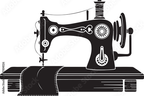 Vintage sewing machine silhouette icon on workspace with fabric piece