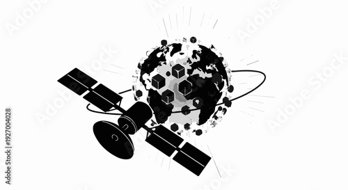 Satellite orbiting a stylized globe with digital connections radiating outwards, symbolizing global communication and technology.