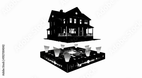 Mysterious dark silhouette of a house hovering above an illuminated, futuristic cityscape.