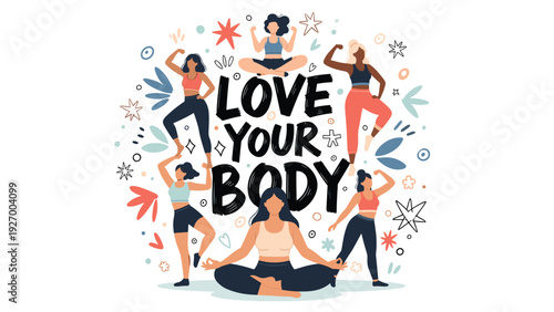 Empowering group of diverse women in various poses around the text love your body promotes body positivity and self-acceptance for everyone.