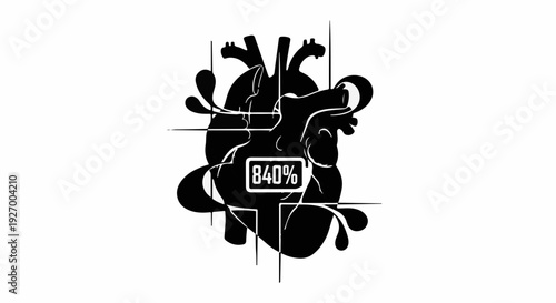 Abstract black heart illustration with digital energy meter showing 84% power