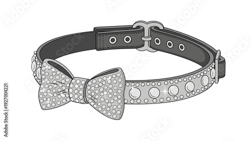 Elegant grey pet collar decorated with sparkling rhinestones and a large glittery bow tie for a stylish and glamorous animal accessory.