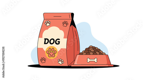 Illustration of a bag of dry dog food next to a bowl filled with brown kibble representing pet nutrition and animal care essentials.
