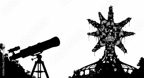 Silhouette of a telescope pointed towards a surreal, alien-like structure under a vast sky