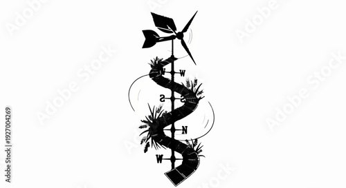 Stylized compass rose and wind vane symbolizing direction and renewable energy.