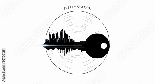 Key unlocking a cityscape silhouette within a circular frame, symbolizing access and opportunity.