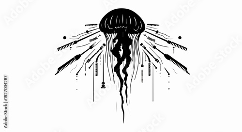 Striking black jellyfish silhouette with intricate technological elements against a white background.