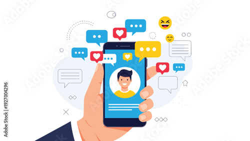 Concept of social media interaction showing a hand holding a smartphone surrounded by like hearts, speech bubbles, and friendly emoji icons.