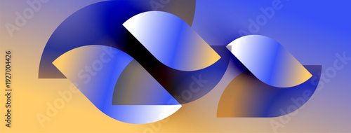 Abstract ribbons intertwine, forming dynamic shapes. Blue, gold hues create gradient effect. Modern design, smooth curves dominate composition.