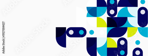 Abstract geometric shapes, blue, yellow, turquoise. Minimalist design, clean lines, modern aesthetic. Simple composition, white background.