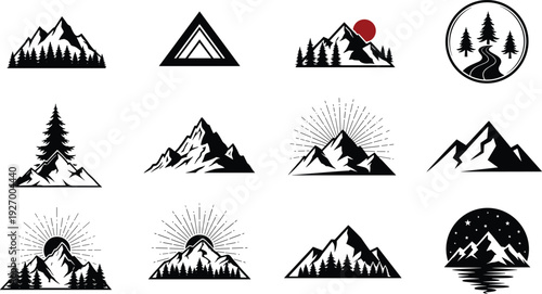 Mountain Landscape Logo and Silhouette Set Featuring Peaks, Forest and Sunburst Elements for Outdoor Adventure Branding Design
