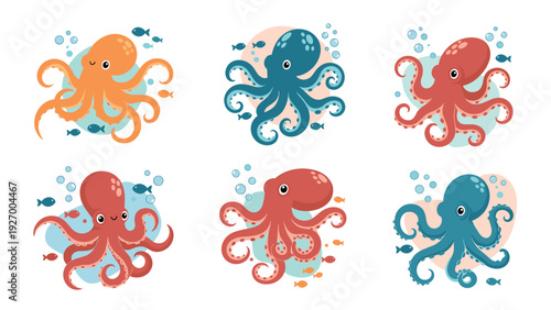 Adorable collection of six diverse cartoon octopus characters in different colors and poses swimming with small fish in a blue ocean.