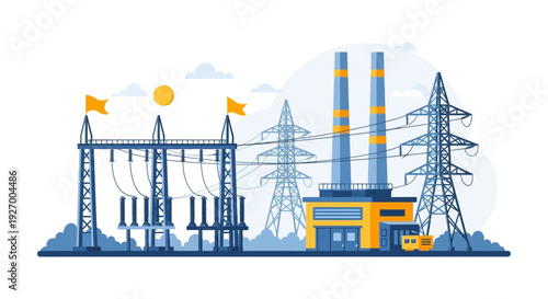 Electricity Generation and Distribution: Power Plant, Substation, and High-Voltage Transmission Grid Flat Illustration