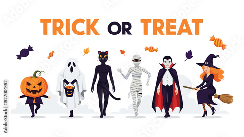 Fun Halloween illustration featuring a group of costumed characters including a ghost, vampire, and witch under the text trick or treat.