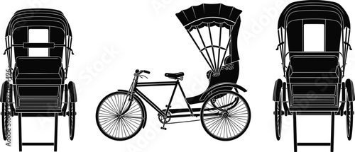 Vintage Rickshaw Bicycle Silhouette Illustration Showing Traditional Three Wheel Pedicab Transport in Front and Side Views