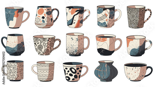 Diverse collection of fifteen uniquely decorated ceramic mugs and a small vase featuring various artistic patterns and modern colors.