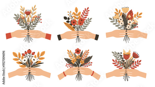 Beautiful collection of six pairs of hands holding various floral bouquets in a warm autumnal color palette representing seasonal giving.