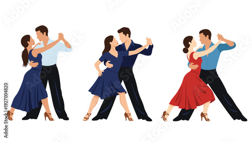 Set of ballroom dancers performing passionate tango moves in elegant outfits for social dance and competition themes.