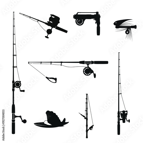 Fishing Gear and Tackle Icon Set; Fishing Rod and Reel Silhouettes; Outdoor Angler Vector Icons