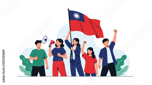Group of activists holding taiwan flag and megaphone while protesting peacefully for national identity and democracy.