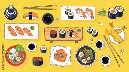 Assortment of traditional japanese cuisine including sushi rolls, ramen bowls, and tempura on a bright yellow table.