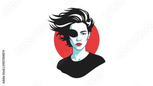 Edgy portrait of a woman with an eyepatch and blowing hair against a red sun background in graphic novel style.