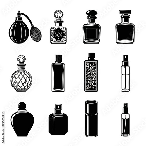 Perfume Bottle and Fragrance Icon Set; Cosmetic Beauty Scent Silhouettes; Luxury Cologne Vectors