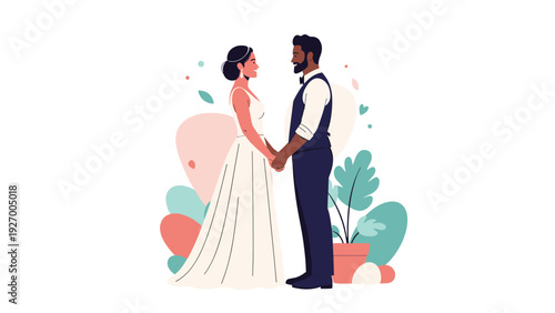Happy diverse bride and groom holding hands on their wedding day against an abstract floral and leaf background.
