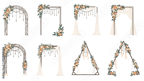 Collection of wedding arch designs with different shapes decorated with flowers and drapes for ceremonial backdrops.
