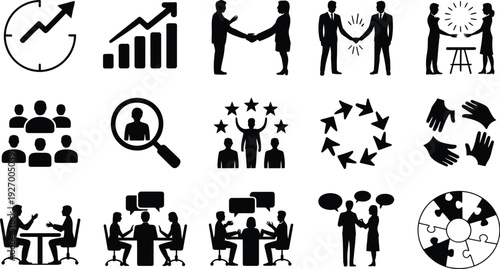 Business teamwork and collaboration icon set. Includes business people, teamwork, communication, leadership, and partnership symbols. Created in black silhouette style with monochromatic palette.