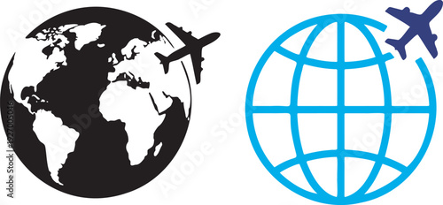 Global travel transportation concept with two stylized airplanes flying around abstract representations of planet earth one in silhouette and the other a blue grid symbolizing international journeys