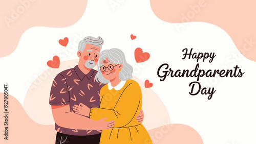 Happy grandparents day greeting card with a loving elderly couple embracing warmly against a soft peach background.