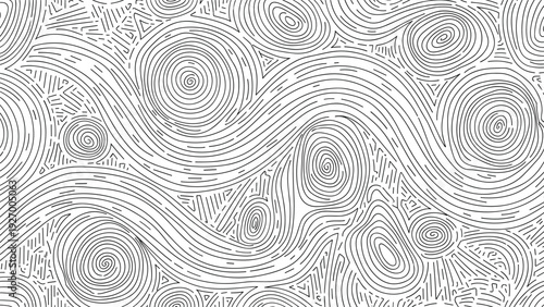 Abstract seamless pattern of complex black concentric lines on a white background resembling topographic maps or fingerprints.