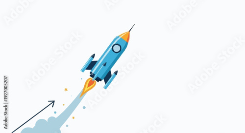 Blue rocket blasting off with fiery exhaust, a powerful metaphor for quick startup acceleration and achieving ambitious goals