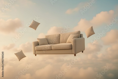 A surreal and whimsical scene featuring a beige sofa floating serenely amongst soft, dreamy clouds in a pastel sky