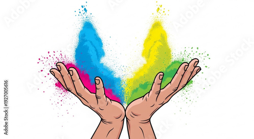 Hands releasing colorful powder vibrant hues of pink blue yellow and green symbolizing creativity and freedom