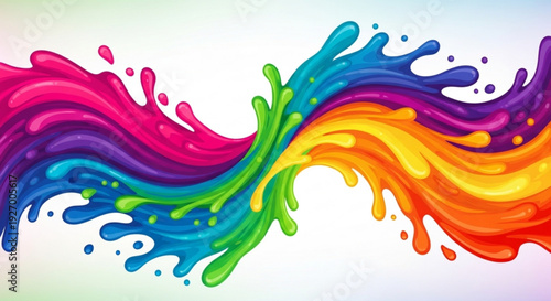 Vibrant rainbow paint splashes merge in dynamic motion on white background with colorful liquid droplets