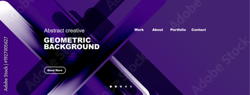 Modern website header design. Purple gradients, geometric shapes, text elements present. Clean layout, professional aesthetic.