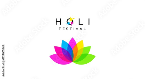Vibrant holi festival logo with colorful lotus flower and text on white background celebrating joy and festivity