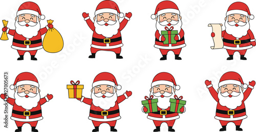 Cute santa claus character set in different poses holding gifts isolated vector illustration christmas holiday cartoon design collection