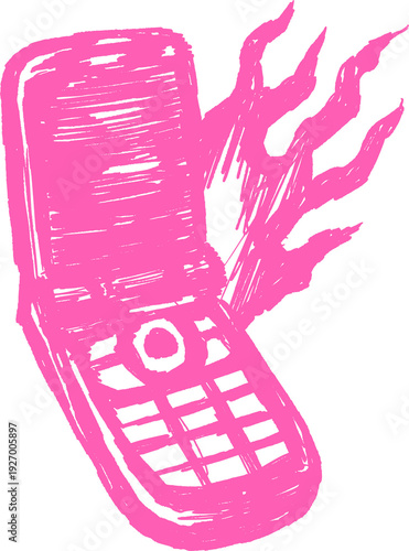 A vibrant pink illustration depicts an open flip phone with jagged flame like lines emanating from its interior creating a dynamic visual high quality professional detailed