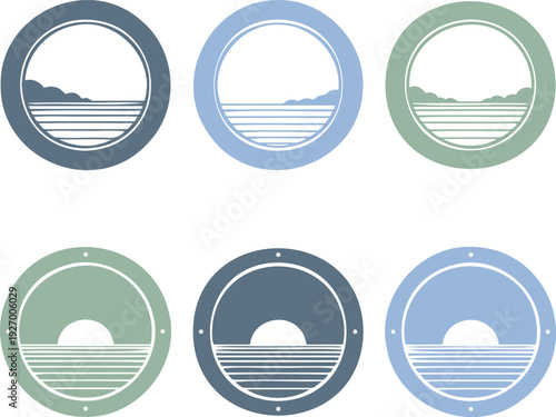 Collection of six circular emblems featuring stylized minimalist landscapes of serene water distant hills and bright sunrises or sunsets rendered in a modern graphic design style with calming color
