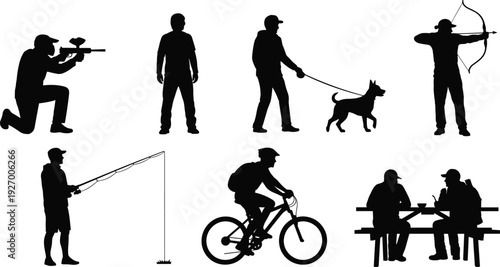 Hunter and outdoor activity silhouettes collection with fishing cycling archery and dog isolated on white background vector illustration set