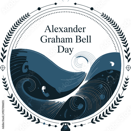 Alexander Graham Bell day celebration logo with vintage telephone and sound waves