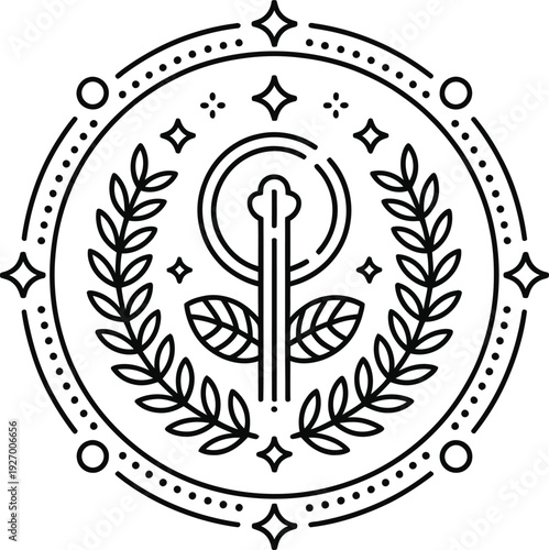 Abstract circular logo with growing plant and laurel wreath. concept of growth, nature, and life