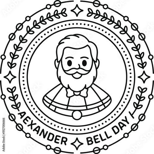 Alexander Graham Bell day logo memorializing famous inventor with vintage portrait line art