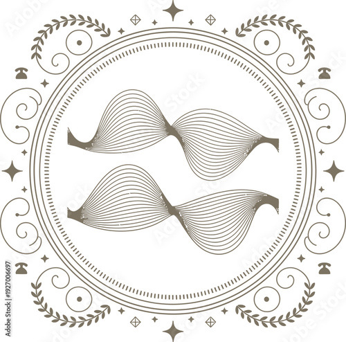 Aquarius zodiac sign logo with ornate wreath and stars on transparent background, simple logo